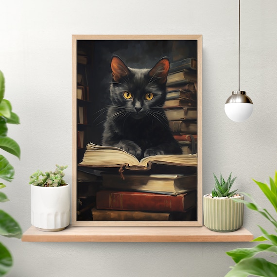 Black Cat Reading Book Vintage Library Stacks Book Lover Gift Poster