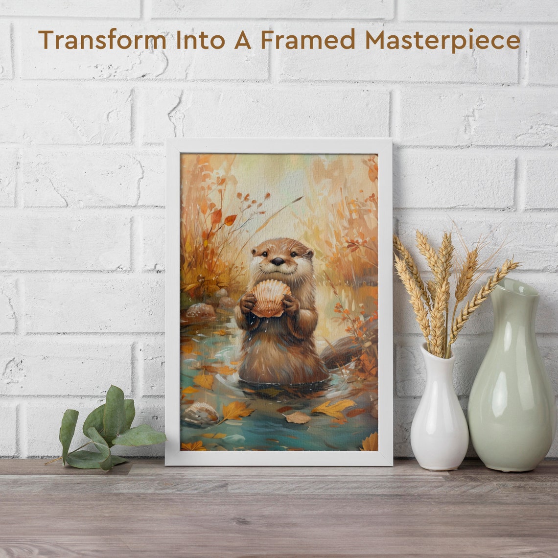 Cute Otter Holding a Seashell in a Golden Autumn Creek Poster - Image 2