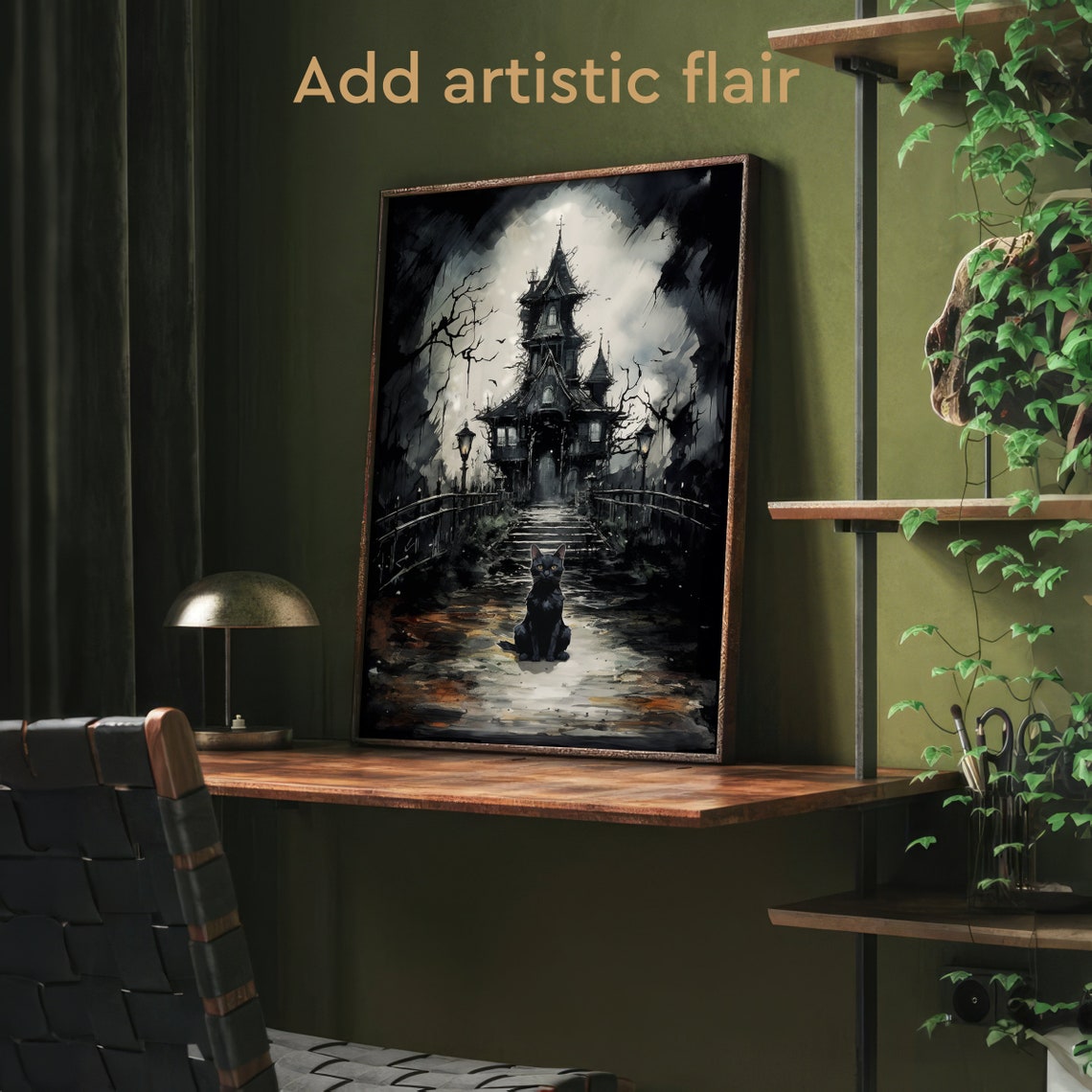 Black Cat Sitting Before a Haunted Gothic Mansion Watercolor Poster - Image 2