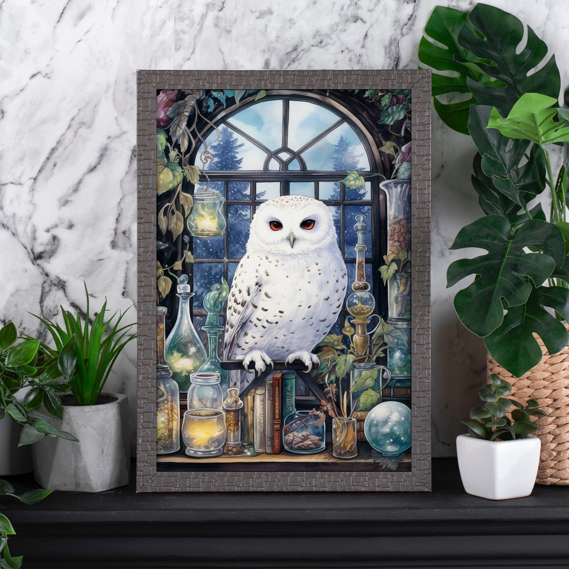 Snowy White Owl in a Magical Apothecary Potion Shop Scene Poster