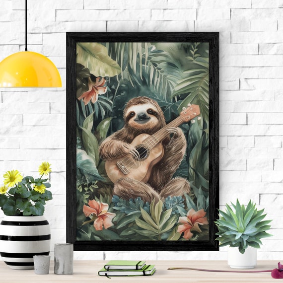 Rainforest Sloth Ukulele Musician, Funny Art Print