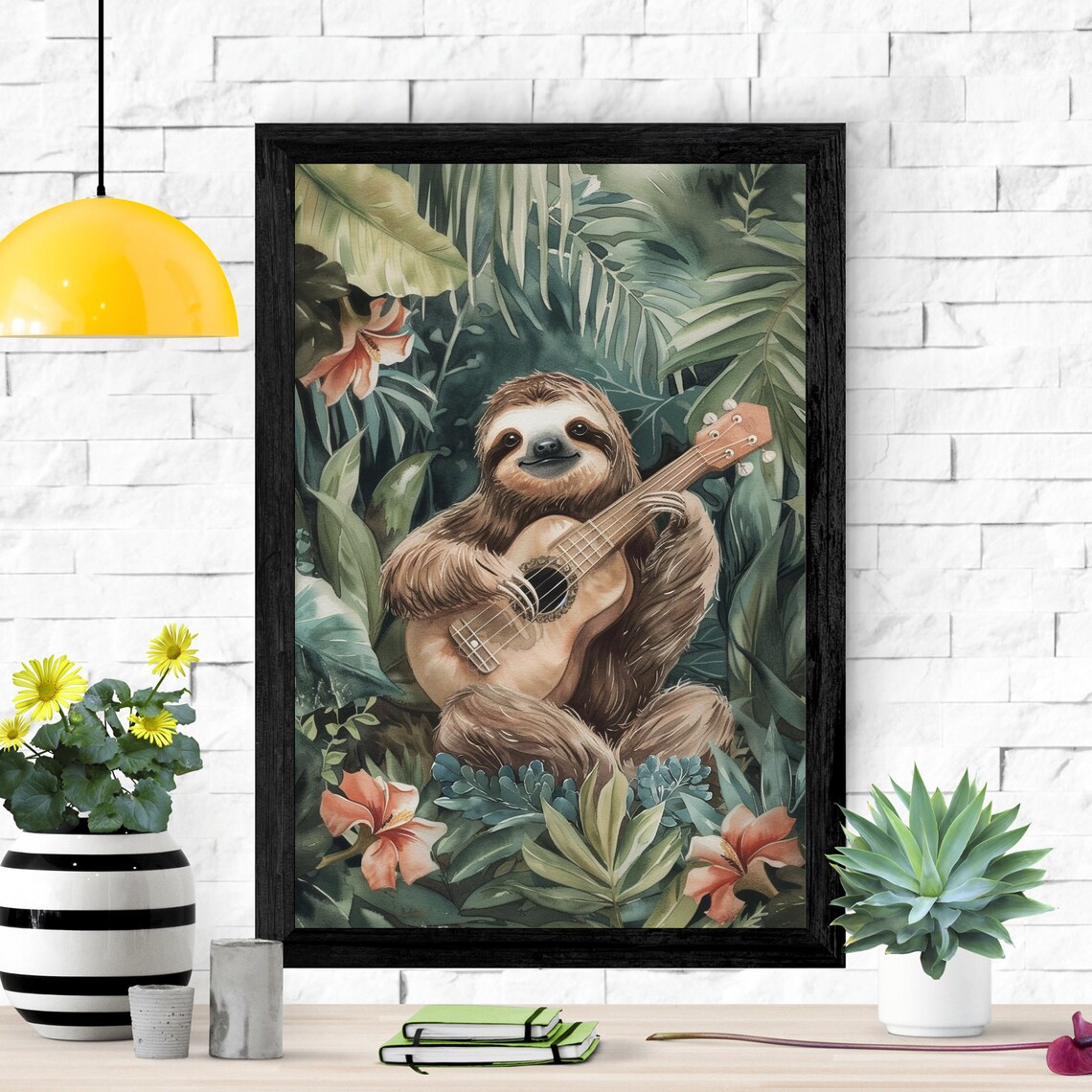 Rainforest Sloth Ukulele Musician, Funny Art Print