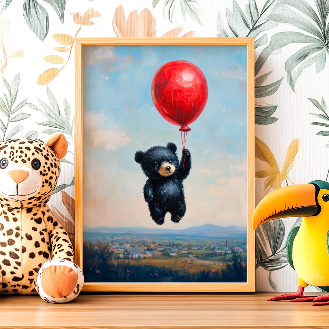 Black Bear Cub Floating in the Sky With a Big Red Balloon Poster