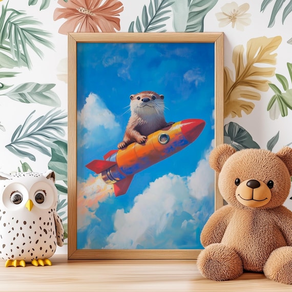 Cheerful Otter Riding a Bright Orange Rocket Soaring Through Sunny Blue Clouds Poster