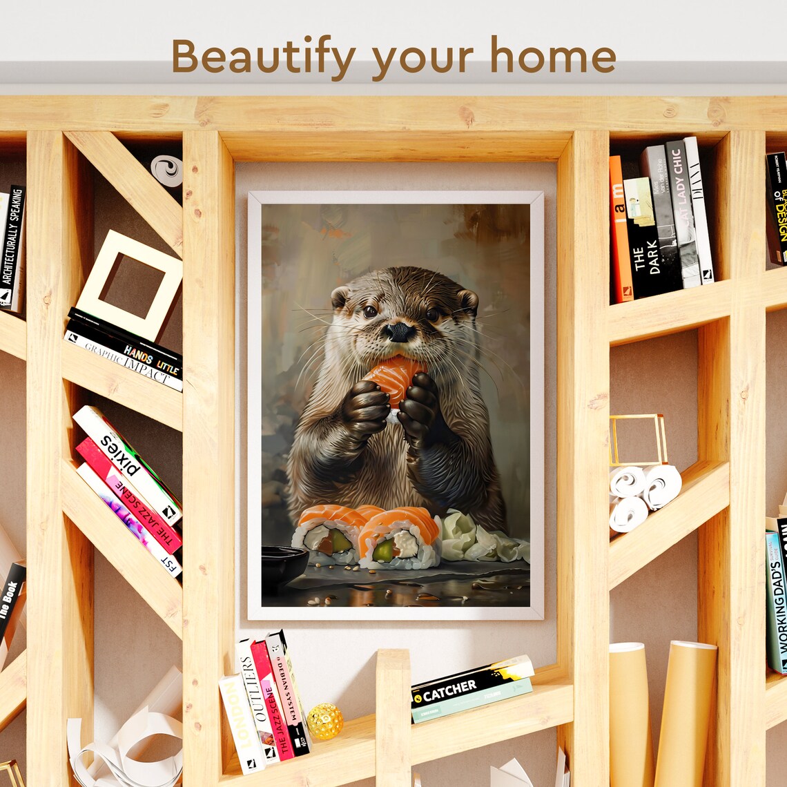 Cute Otter Eating Sushi Rolls in a Funny Food Portrait Poster - Image 3