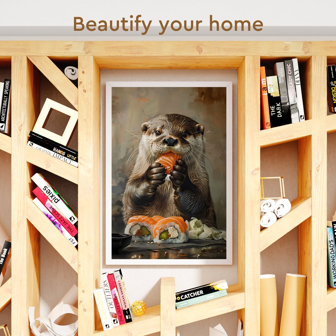 Japanese Sushi Lover Otter Poster Funny Sea Otter Portrait Wild Animals Wall Art Wildlife Nursery Japan Food Sushi Decor Oil Painting - Image 3