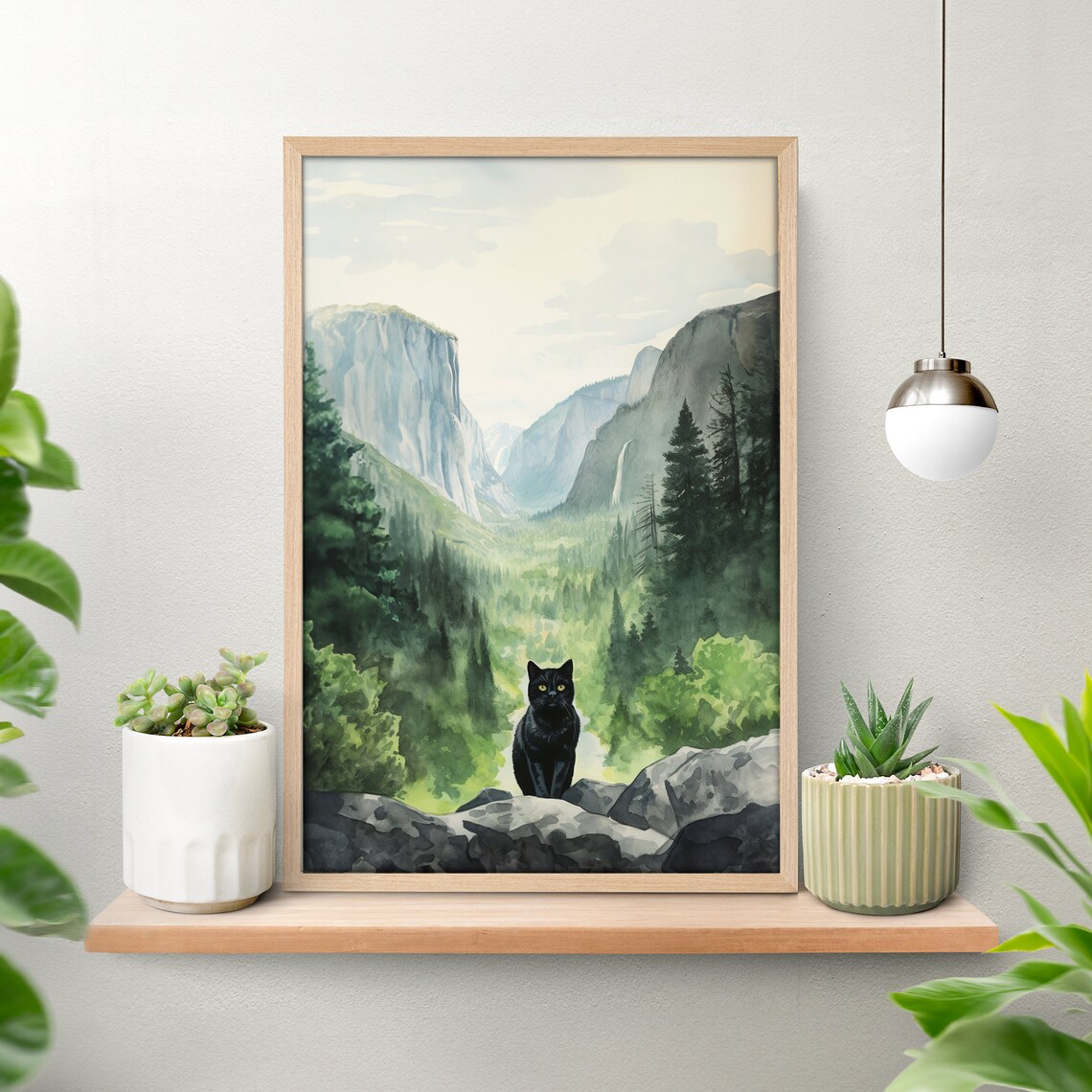Yosemite National Park Black Cat Watercolor Art Print