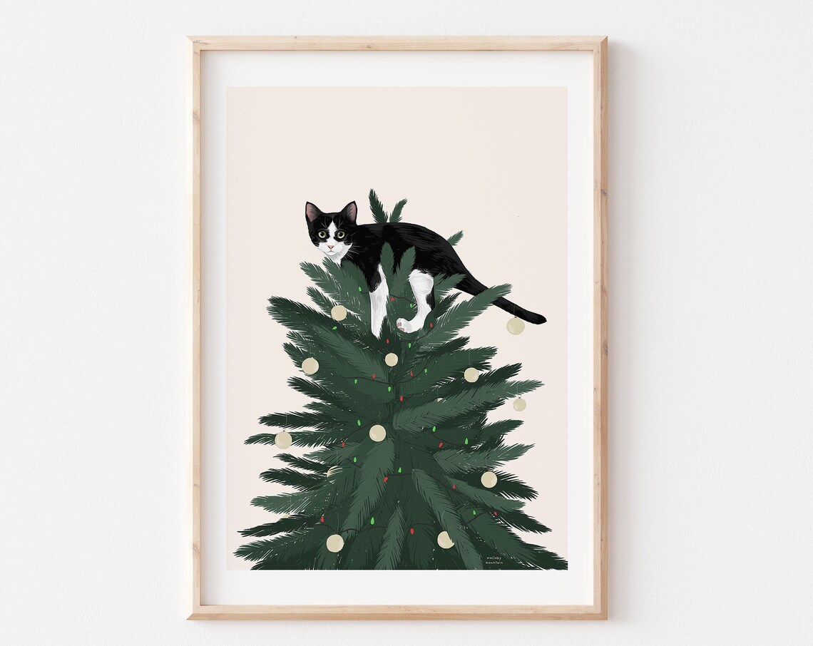 Cat In Christmas Tree Funny Cat Art Print