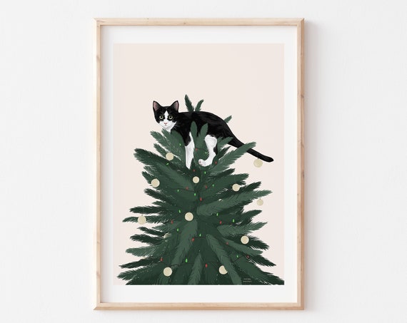 Cat In Christmas Tree Funny Cat Art Print