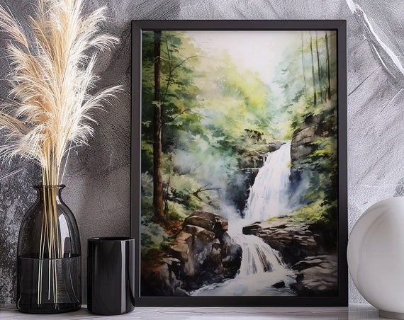 Watercolor Forest Waterfall Painting Wall Art Poster Gift Colorful Painting Illustration Nature Minimalist Decor Living Room