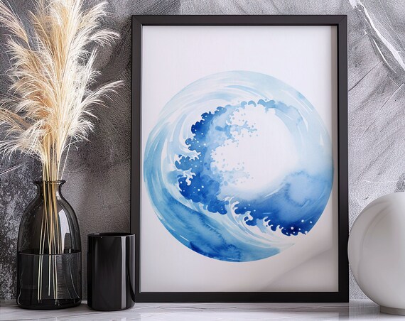 Blue Ocean Wave Circle Watercolor Minimalist Surf Decor Poster