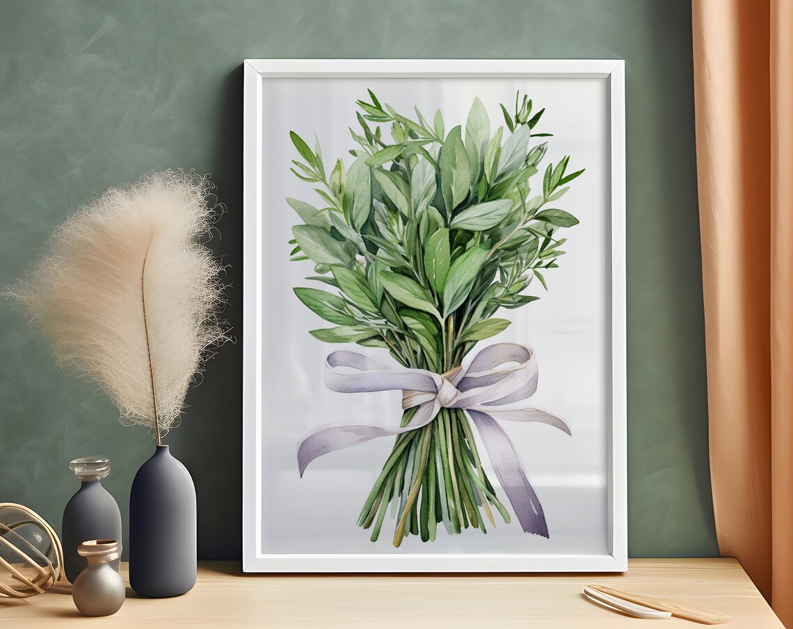 Green Herb Bunch Tied With Ribbon Watercolor Kitchen Art Poster
