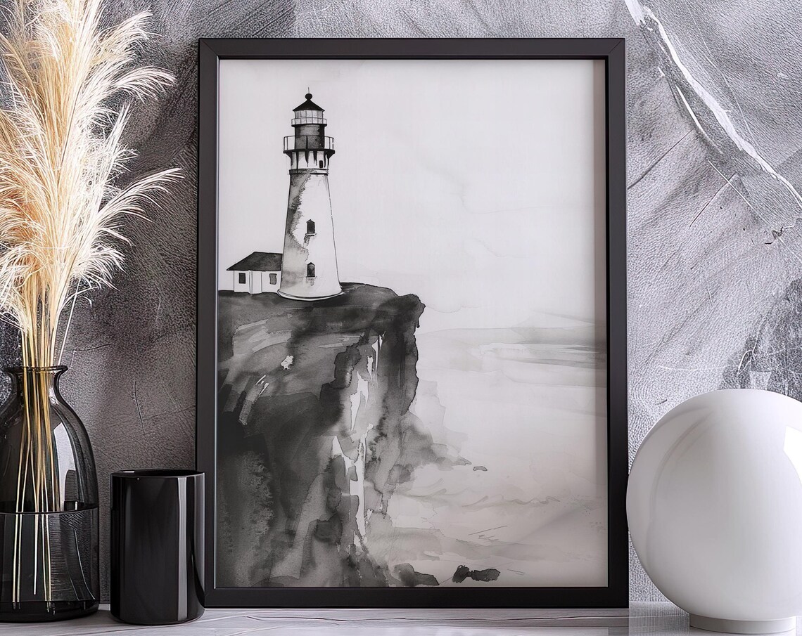 Monochrome Lighthouse on Rocky Cliff Watercolor Painting Poster for Coastal Decor - Image 4
