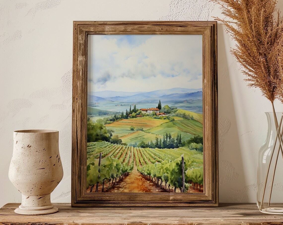 Rolling Vineyard Hills Villa Watercolor Italian Countryside Landscape Poster