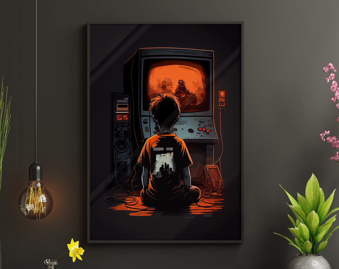 Retro Arcade Machine Boy Gamer Illustration Poster for Boys Room Decor