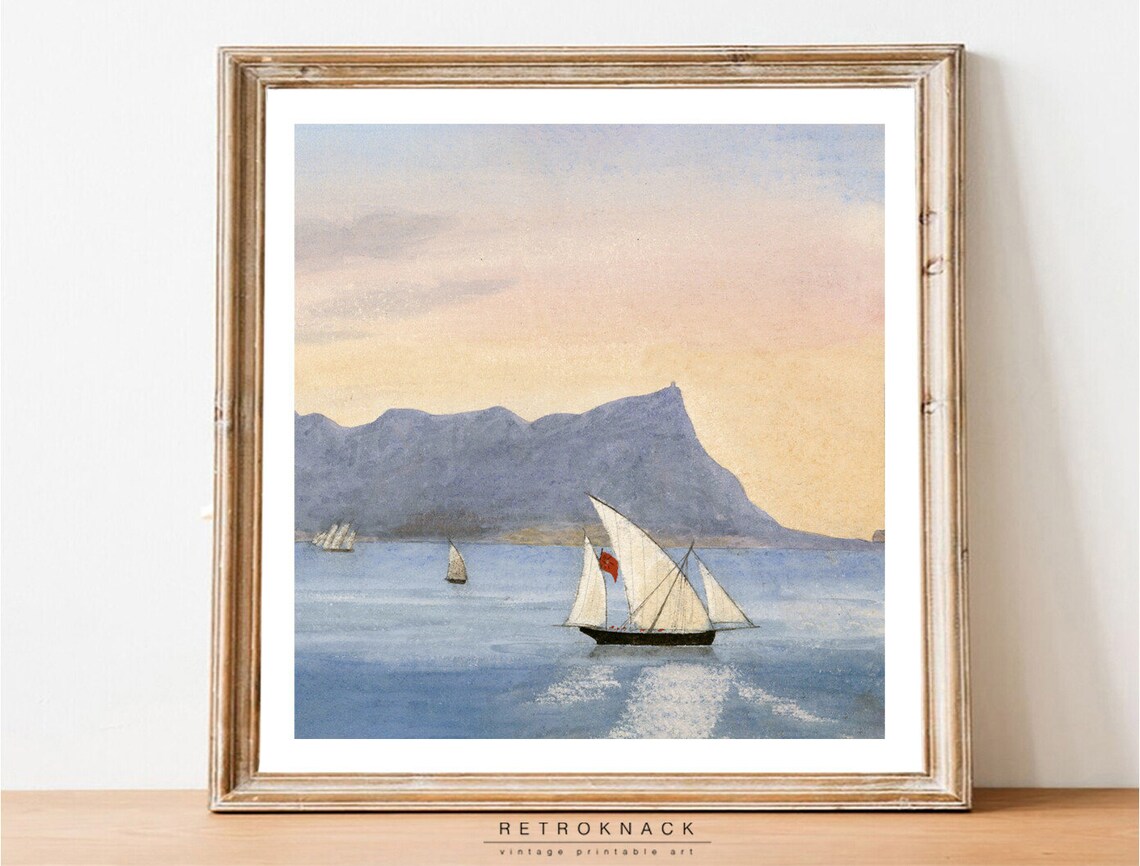 Sailboats Sunset Mountain Seascape Antique Watercolor Sailing Art Poster - Image 2