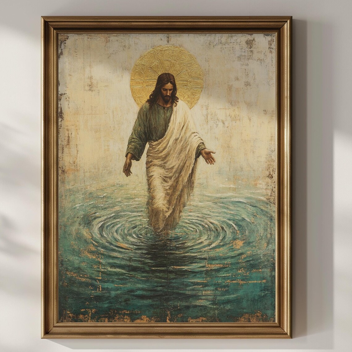 Jesus Christ Walking on Water Gold Halo Teal Ocean Christian Art Poster