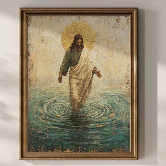 Jesus Christ Walking on Water Gold Halo Teal Ocean Christian Art Poster