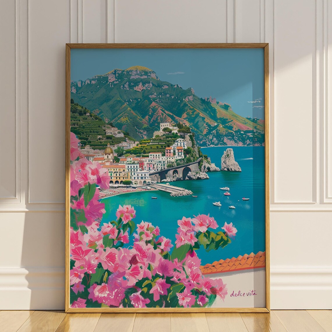 Amalfi Coast Dolce Vita Village Pink Flowers Turquoise Sea Poster