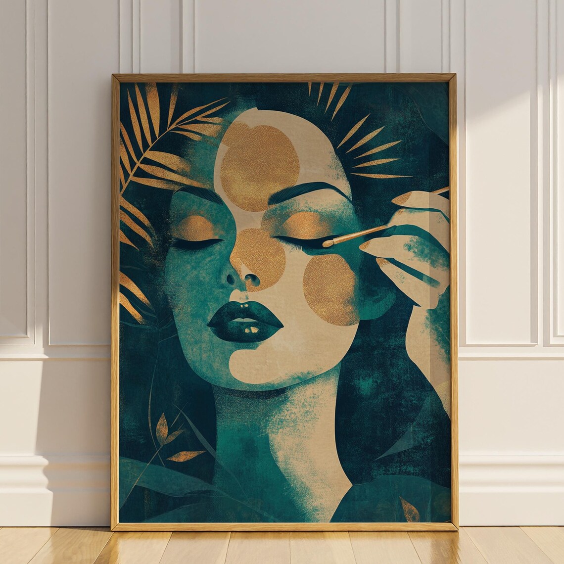 Teal and Gold Woman Applying Makeup Beauty Portrait Art Poster