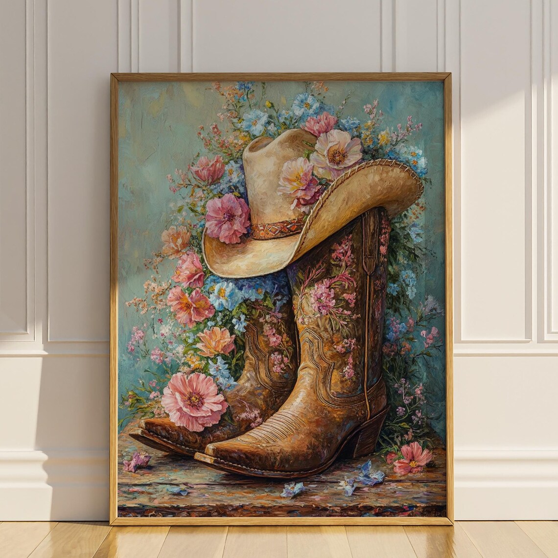 Cowboy Boots and Hat Surrounded by Wildflowers Vintage Art Poster