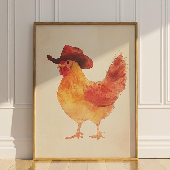 Golden Chicken Wearing Red Cowboy Hat Watercolor Funny Farm Art Poster