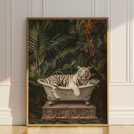White Tiger Bathroom Print Poster Funny Tiger In Bathtub Towel Wall Art Botanical Vintage Gift Idea Restroom Wall Decor Matte Poster
