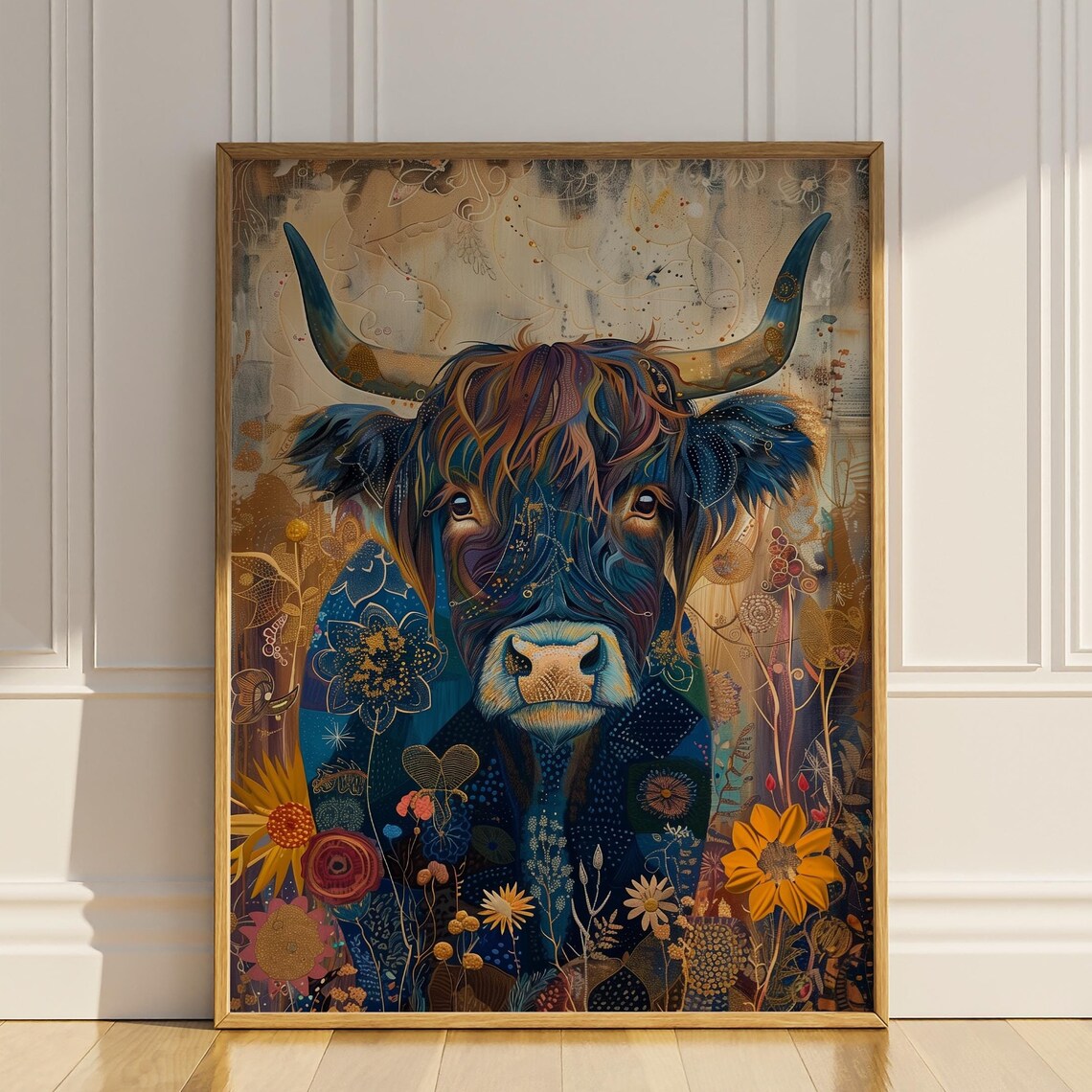 Midnight Teal Highland Cow with Golden Sunflowers Portrait Poster