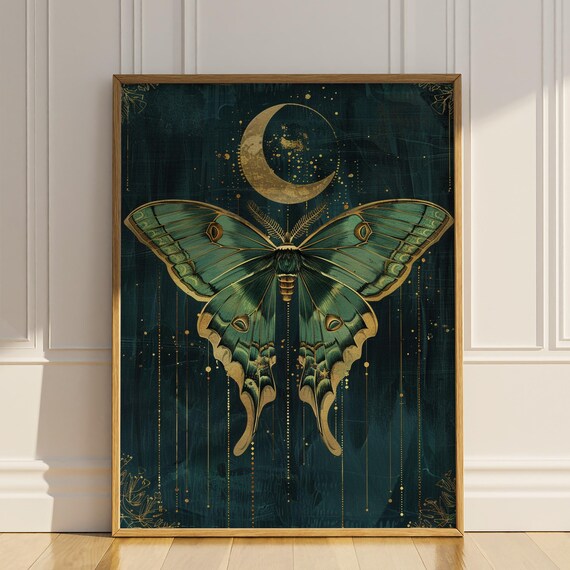 Luna Moth Beneath Crescent Moon Dark Teal Gold Art Deco Wall Art