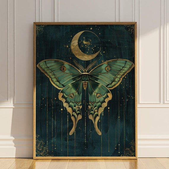 Luna Moth Wall Art Artdeco Actias Luna Crescent Moon Witchy Occult Cottagecore Fairycore Artwork Vintage Wall Decor