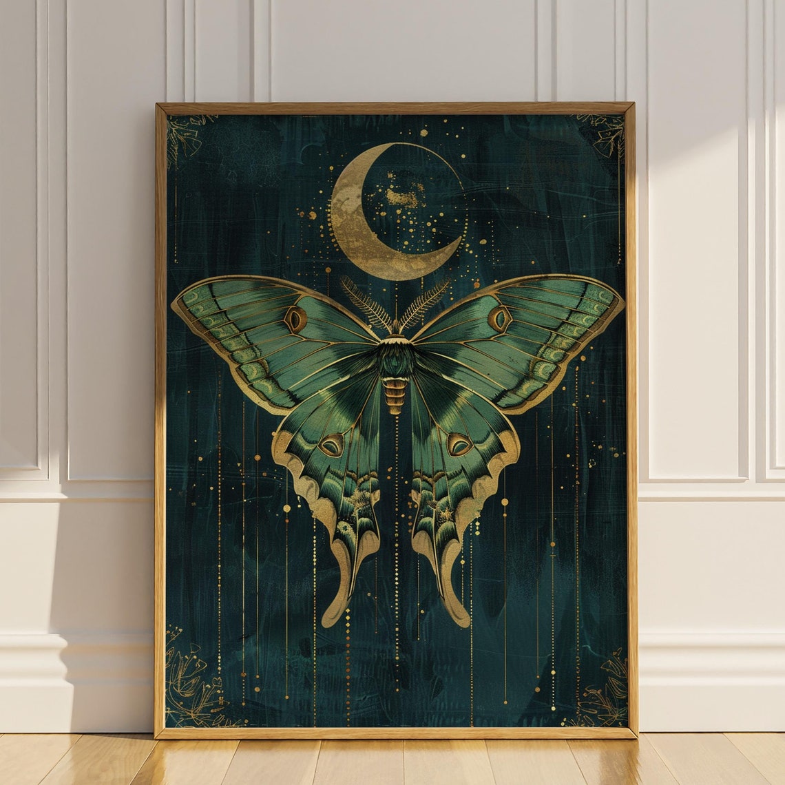 Luna Moth Beneath Crescent Moon Dark Teal Gold Art Deco Wall Art