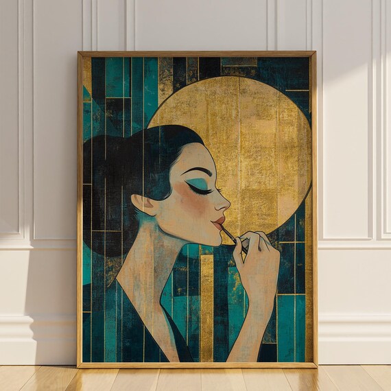 Art Deco Woman Applying Lipstick in Teal and Gold Glamour Poster