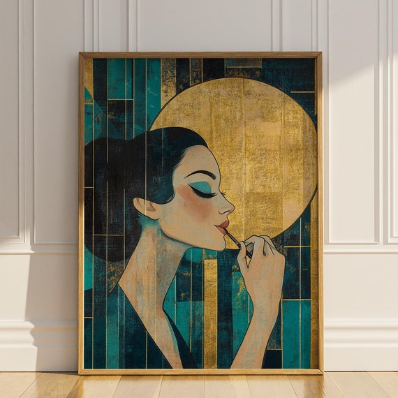 Beauty Salon Decor Makeup Artist Powder Room Artdeco Wall Art Bue Gold Vintage Home Bathroom Wall Decor Sign Gift Poster