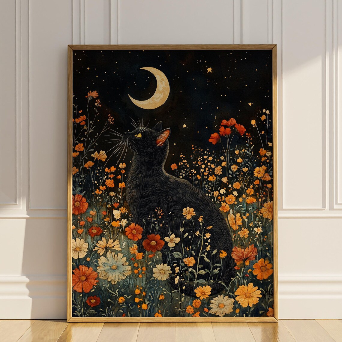 Black Cat Wildflower Crescent Moon Art Print