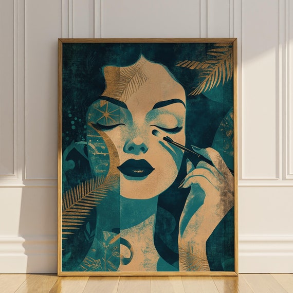 Beauty Salon Decor Makeup Artist Powder Room Artdeco Wall Art Bue Gold Vintage Home Bathroom Wall Decor Sign Gift Poster