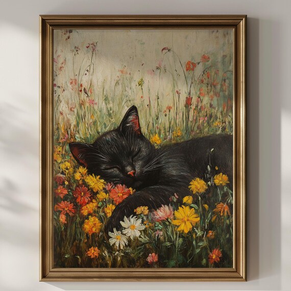 Sleeping Black Cat In Wildflower Meadow Field Vintage Garden Poster