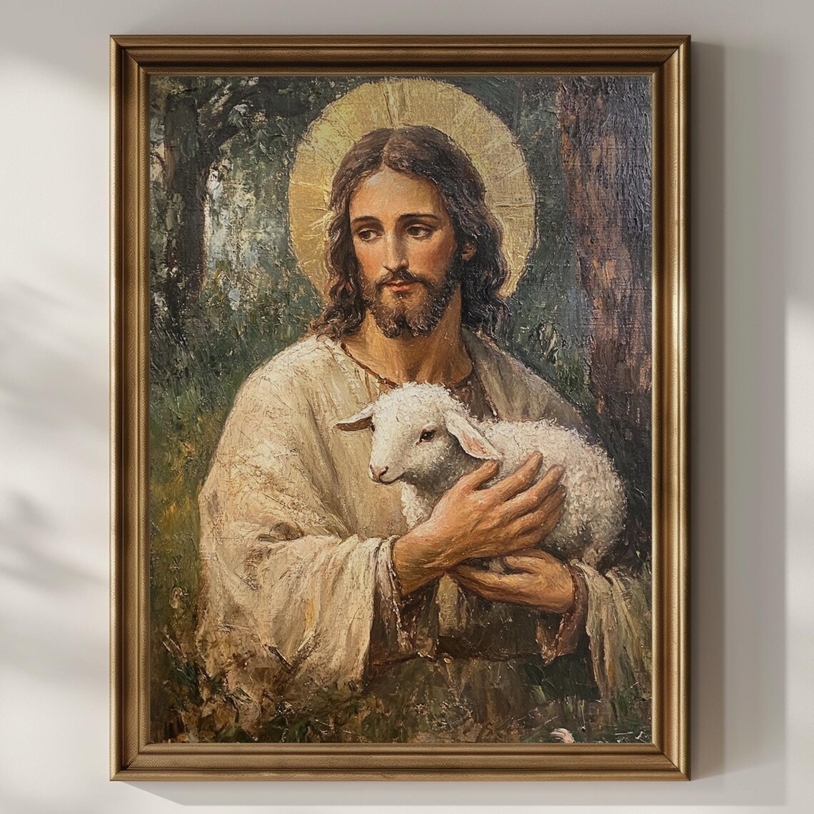 Jesus Holding a Lamb with Golden Halo Vintage Christian Poster