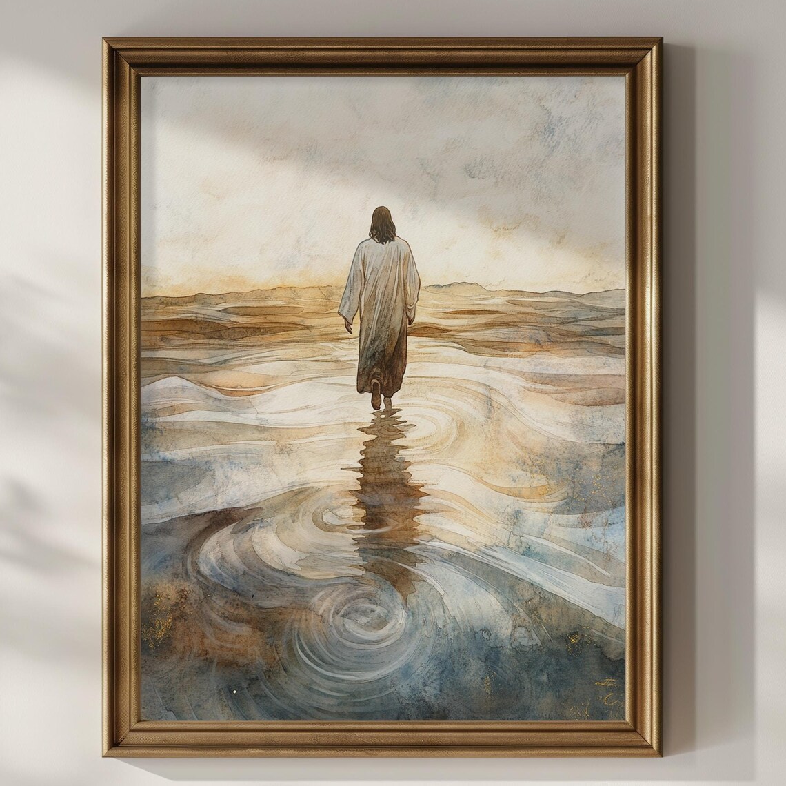 Jesus Christ Walking on Water Watercolor Faith Painting Serene Poster
