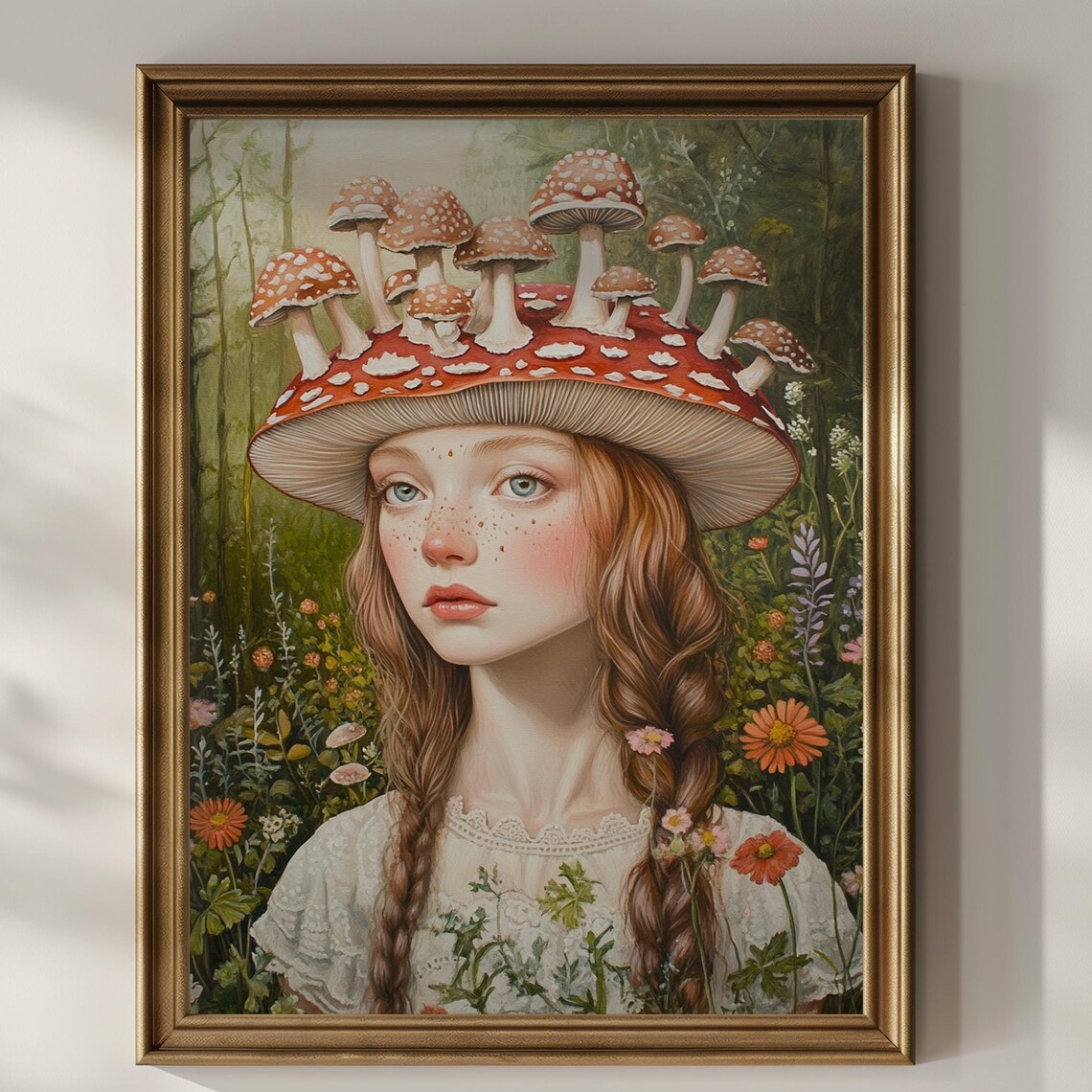 Red Haired Girl Mushroom Cap Hat Whimsical Forest Fantasy Art Poster