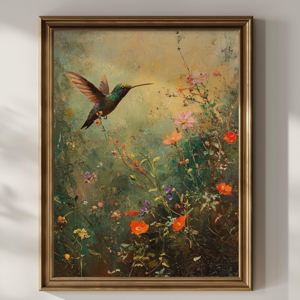 Hummingbird Wildflowers Vintage Oil Painting Art Print