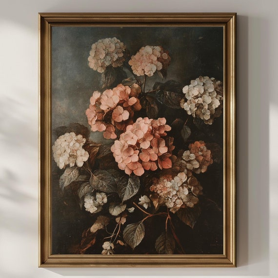 Hydrangea Flowers Wall Art Floral Wall Decor Dark Academia Artwork Wildflower Moody Oil Painting Home Decor Gift