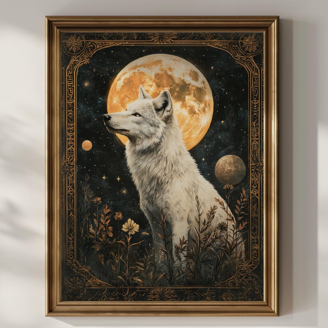White Wolf Profile with a Golden Moon Ornate Witchy Art Poster