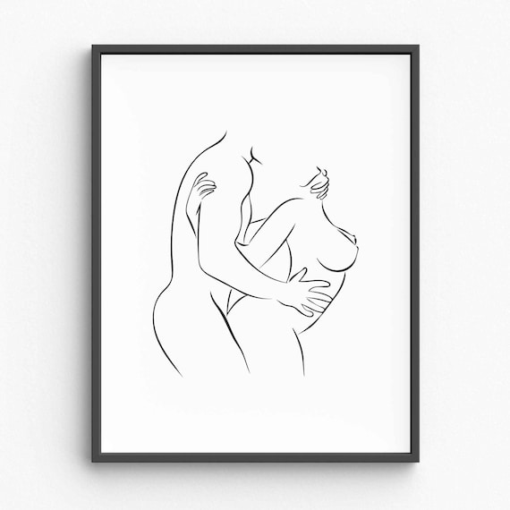 Embracing Lovers One Line Drawing Romantic Couple Art Poster
