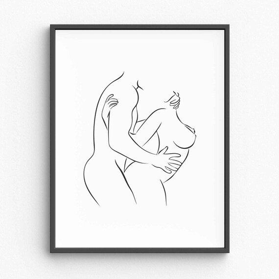 Erotic Line Art Print Couple Sexy Nude Minimalist Wall Bedroom