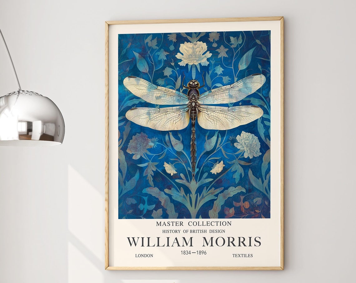 William Morris Dragonfly Deep Blue Floral British Design Poster