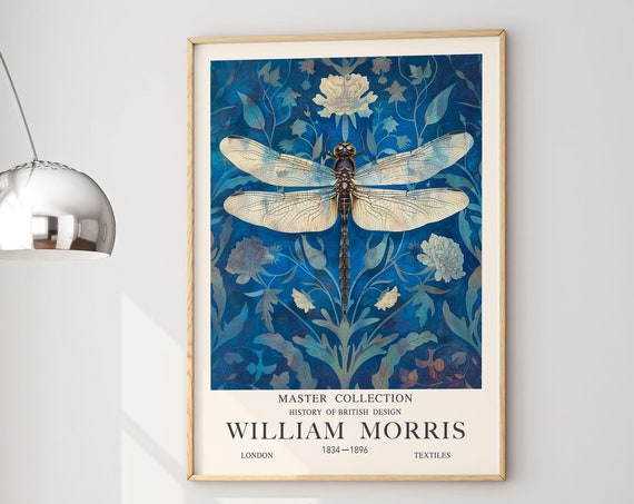 William Morris Dragonfly Print Vintage Wall Art Botanical Celestial Floral Decor Antique Silver Illustration Classic Victorian Style Poster