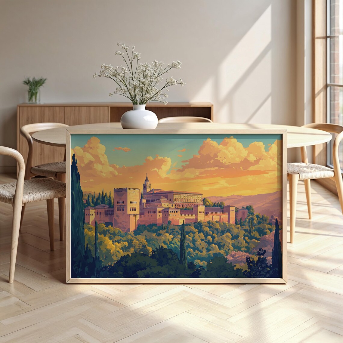 Alhambra Spain Sunset Palace Watercolor Framed Historic Landmark Poster