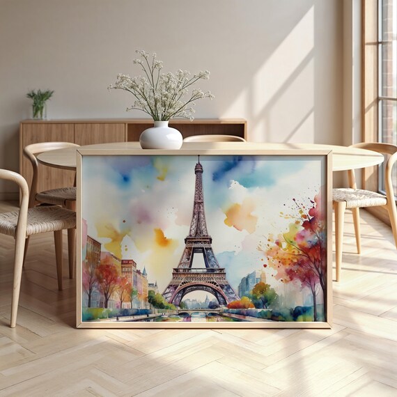 Eiffel Tower Paris Watercolor Landscape Poster with Colorful Skyline