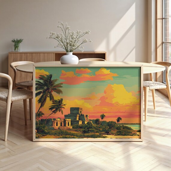 Tulum Vintage Sunset Poster Mayan Ruins Palm Trees Mexico Travel Art