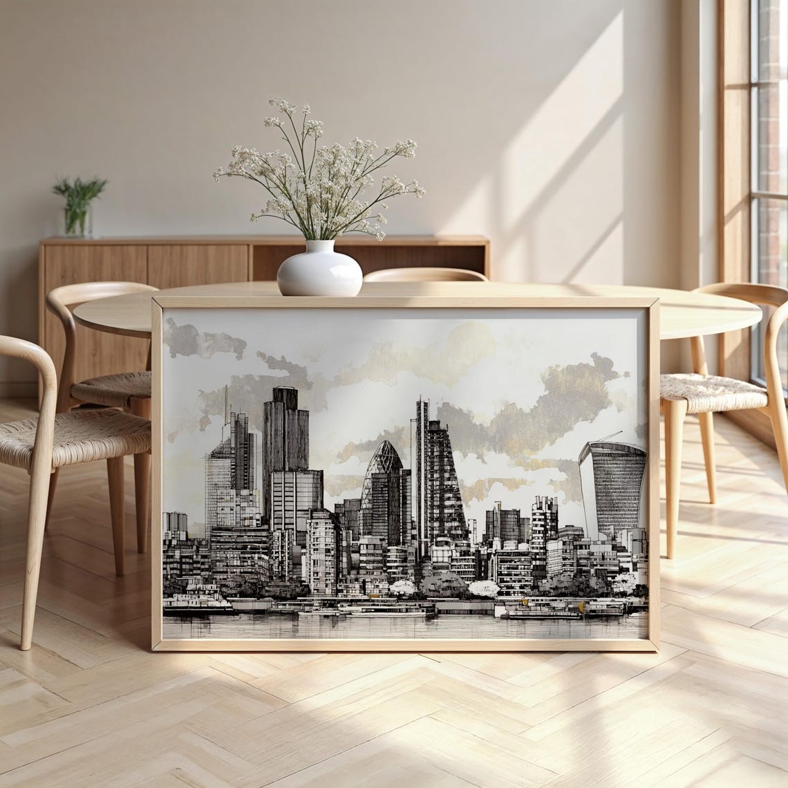 London City Sketch Skyline Gherkin Towers Thames Black White Poster